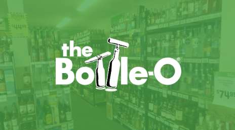 Graphic with the Bottle-O logo with shelves of wine in the background